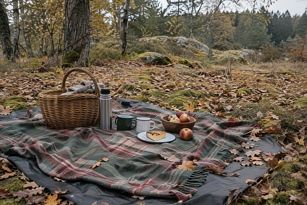 Karierte Decke mit Weidenkorb, Thermoskanne, Bechern und Äpfeln auf herbstlichem Waldboden